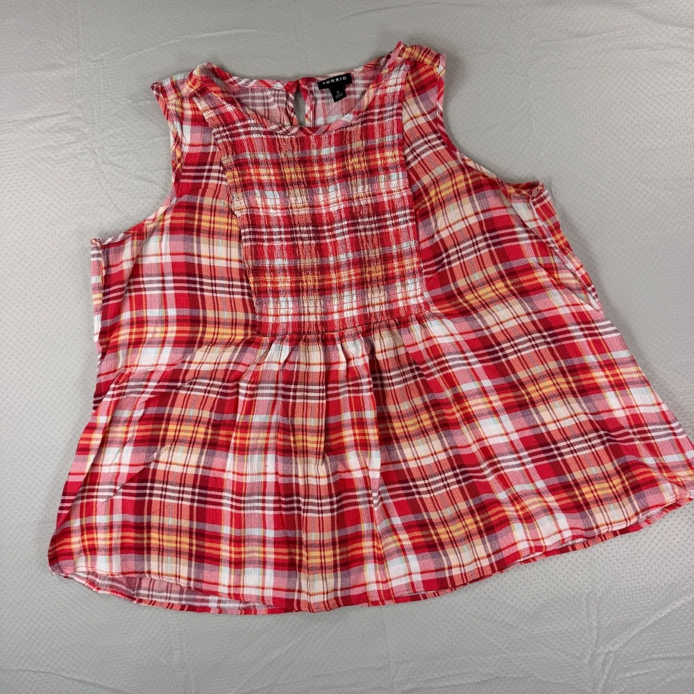 Torrid Sleeveless Smocked Babydoll Top Womens 0 L XL Plaid Red Yellow Gauze Cami - Picture 2 of 9
